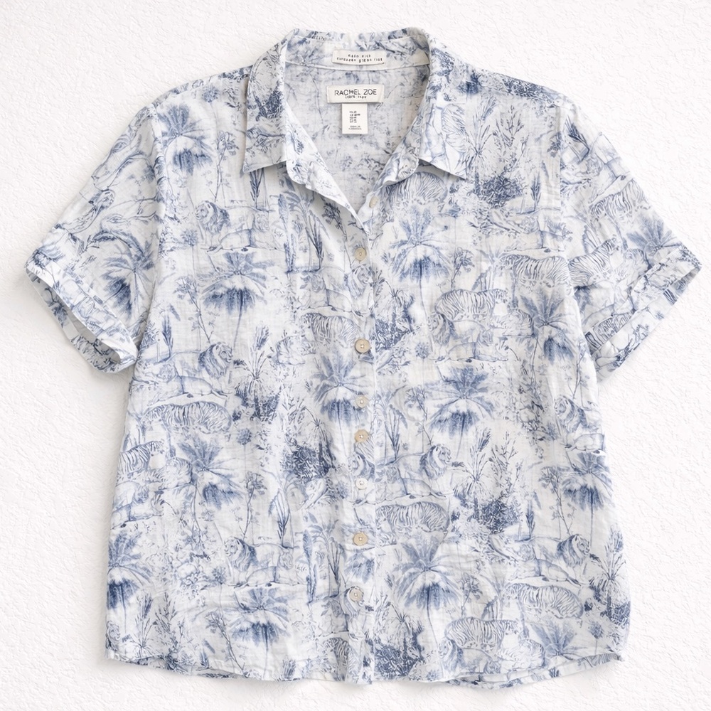 Rachel Zoe Women’s Linen Safari Jungle Button Down Shirt Blue White Size M